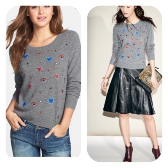 Halogen Cashmere Sweater Grey Rhinestones Excellent Size S - Picture 5 of 6